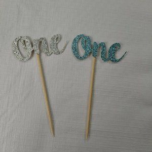First Birthday Cupcake Picks One Blue Silver Glitter 24 Pieces